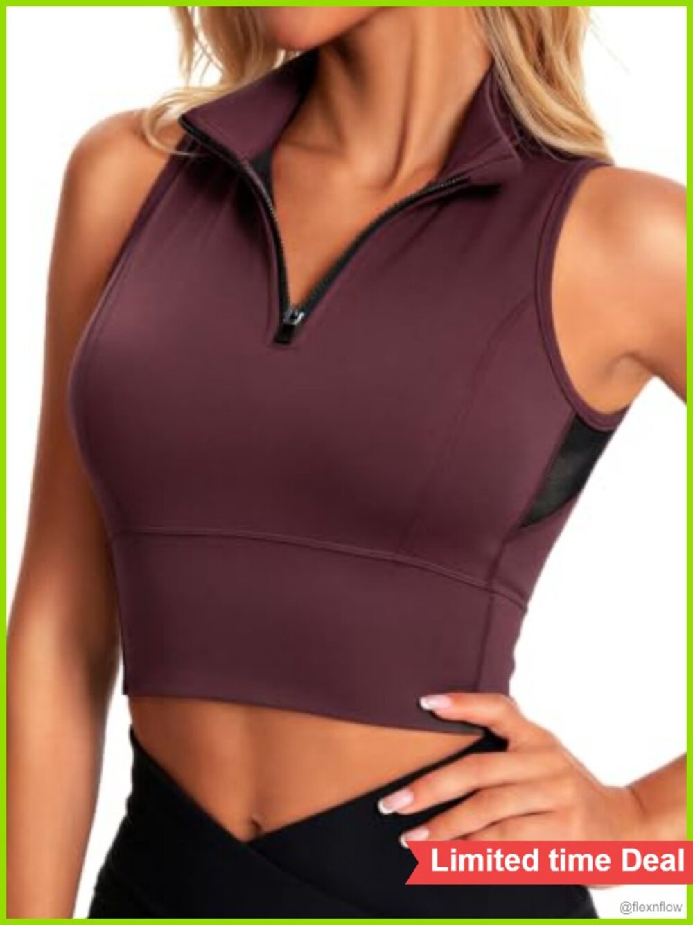 Nylon Lycra Cropped Zip Front Workout Tank Top with Built in Bra